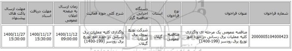 مناقصه عمومی یک مرحله ای واگذاری کلیه عملیات برق رسانی در حوزه امور توزیع برق رودسر (199-1400)