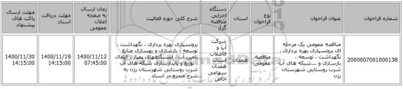 مناقصه عمومی یک مرحله ای برونسپاری بهره برداری ، نگهداشت ، توسعه ، بازسازی و ...شبکه های آب شرب روستایی شهرستان رزن