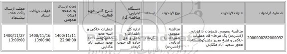 مناقصه عمومی همزمان با ارزیابی (فشرده) یک مرحله ای عملیات خاکی و ابنیه محور دهنوکوهستان - محور سعید آباد مکثایی