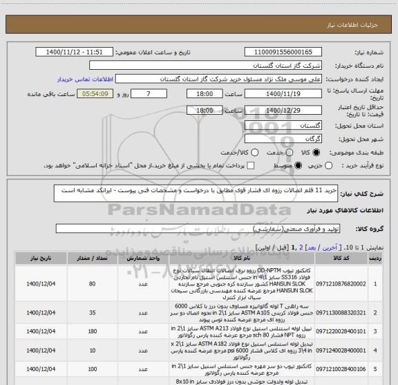 استعلام خرید 11 قلم اتصالات رزوه ای فشار قوی مطابق با درخواست و مشخصات فنی پیوست - ایرانکد مشابه است