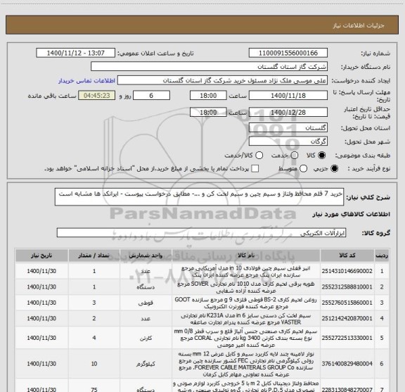 استعلام خرید 7 قلم محاقظ ولتاژ و سیم چین و سیم لخت کن و ...- مطابق درخواست پیوست - ایرانکد ها مشابه است