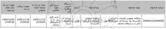 مناقصه عمومی همزمان با ارزیابی (فشرده) یک مرحله ای خرید 5000 متر کابل در سایزهای مختلف