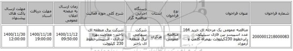 مناقصه عمومی یک مرحله ای خرید 164 عدد اسپیسر بین فازی سیلیکون رابرخطوط 230کیلوولت بهمراه کلمپ و آرموراد