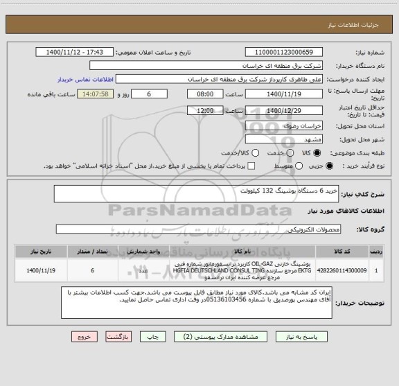 استعلام خرید 6 دستگاه بوشینگ 132 کیلوولت ، سایت ستاد