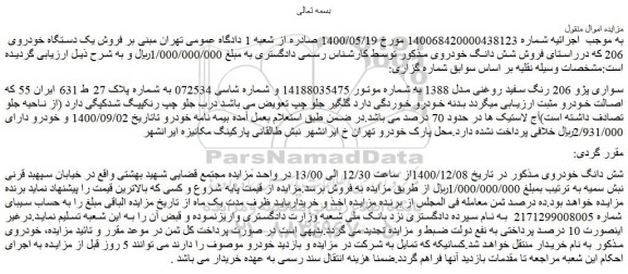 مزایده فروش خودرو سواری پژو 206 رنگ سفید روغنی مدل 1388  