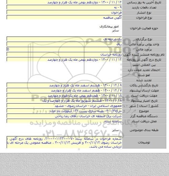 ش/۴۰۰/۴۷- بهینه سازی پست ۱۳۲ کیلوولت بابا امان