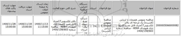 مناقصه عمومی همزمان با ارزیابی (فشرده) یک مرحله ای بالابر تلکسوپی17متری قابل نصب کامیون باری هیوندای HD64 - مناقصه شماره 1400/159/603