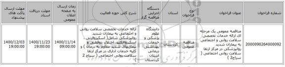 مناقصه عمومی یک مرحله ای ارائه خدمات تخصصی سلامت روانی و اجتماعی به بیماران شدید روانپزشکی در مرکز  ارتقا سلامت روانی اجتماعی ( سراج2  ) 