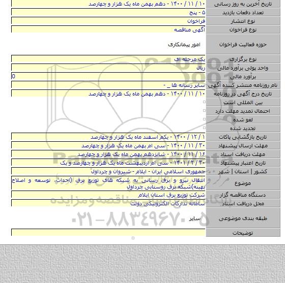 انتقال نیرو و برق رسانی به شبکه های توزیع برق (احداث، توسعه و اصلاح بهینه)شبکه برق روستایی چرداول