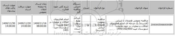 مناقصه عمومی همزمان با ارزیابی (فشرده) یک مرحله ای انجام فعالیتهای اتفاقات و عملیات در حوزه مدیریت شهرستان میبد-1400/162/603