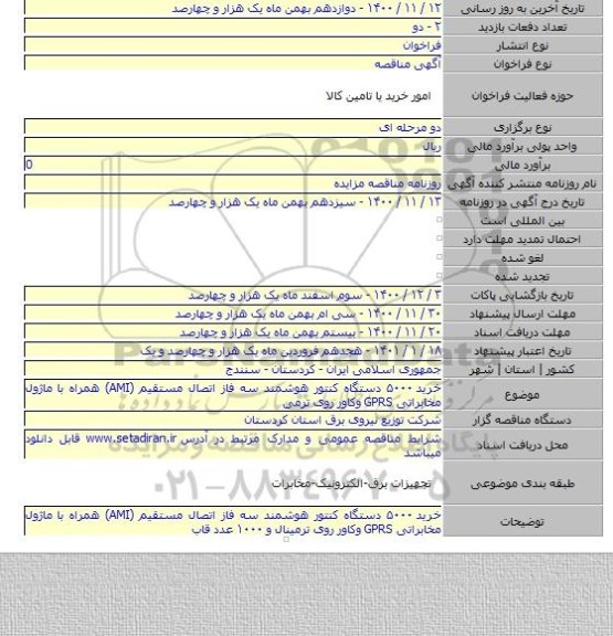 خرید ۵۰۰۰ دستگاه کنتور هوشمند سه فاز اتصال مستقیم (AMI) همراه با ماژول مخابراتی GPRS وکاور روی ترمی