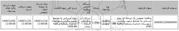 مناقصه عمومی یک مرحله ای پروژه آبرسانی به مجتمع شهید بیگدلی شهرستان خدابنده بشماره مناقصه 86-1400