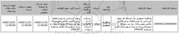 مناقصه عمومی یک مرحله ای پروژه آبرسانی به روستاهای زرنی،قاضی بلاغی،مورستانه، زره بند،سرخه دیزج،انارستان و زرده شهرستان طارم بشماره 87-1400