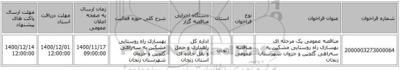 مناقصه عمومی یک مرحله ای بهسازی راه روستایی مشکین به سه‌راهی گلچین و جزوان شهرستان زنجان