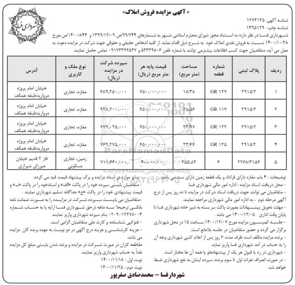 مزایده فروش املاک با کاربری مغازه ، تجاری ، زمین ، تجاری ، مسکونی