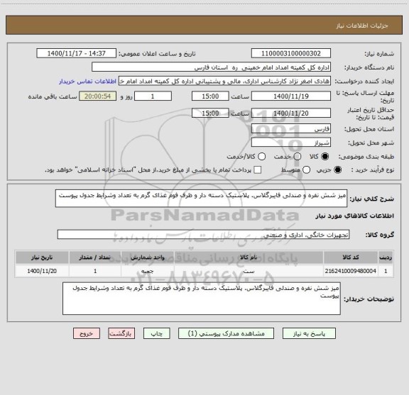 استعلام میز شش نفره و صندلی فایبرگلاس. پلاستیک دسته دار و ظرف فوم غذای گرم به تعداد وشرایط جدول پیوست