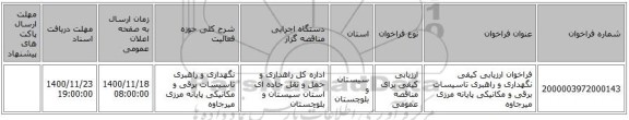 فراخوان ارزیابی کیفی نگهداری و راهبری تاسیسات برقی و مکانیکی پایانه مرزی میرجاوه