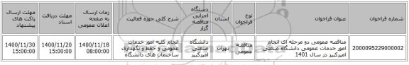 مناقصه عمومی دو مرحله ای انجام امور خدمات عمومی دانشگاه صنعتی امیرکبیر در سال 1401