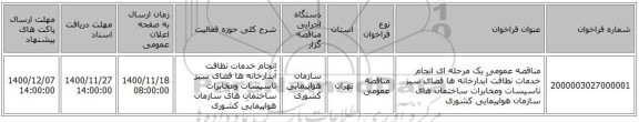 مناقصه عمومی یک مرحله ای انجام خدمات نظافت آبدارخانه ها فضای سبز تاسیسات ومخابرات ساختمان های سازمان هواپیمایی کشوری