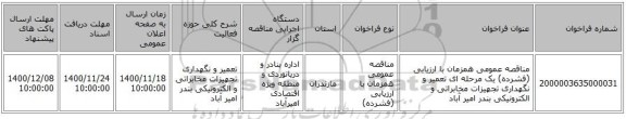 مناقصه عمومی همزمان با ارزیابی (فشرده) یک مرحله ای تعمیر و نگهداری تجهیزات مخابراتی و الکترونیکی بندر امیر آباد 