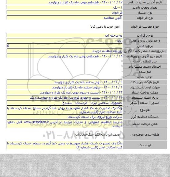 واگذاری تعمیرات شبکه فشار متوسط به روش خط گرم در سطح استان کردستان با کلیه امکانات لازم (اکیپ شماره