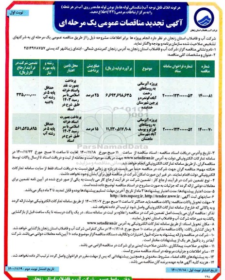 تجدید مناقصه، تجدید مناقصه پروژه آبرسانی به روستاهای...