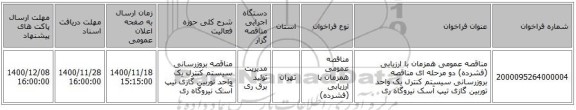 مناقصه عمومی همزمان با ارزیابی (فشرده) دو مرحله ای مناقصه بروزرسانی سیستم کنترل یک واحد توربین گازی تیپ آسک نیروگاه ری