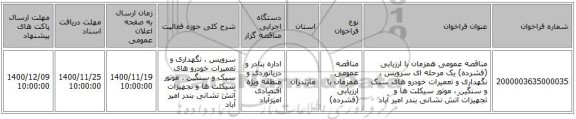 مناقصه عمومی همزمان با ارزیابی (فشرده) یک مرحله ای سرویس ، نگهداری و تعمیرات خودرو های سبک و سنگین ، موتور سیکلت ها و تجهیزات آتش نشانی بندر امیر آباد 