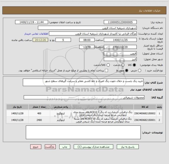 استعلام خرید رنک چسب و حلال جهت رنگ امیزی و خط کشی معابر و سرعت گیرهای سطح شهر 