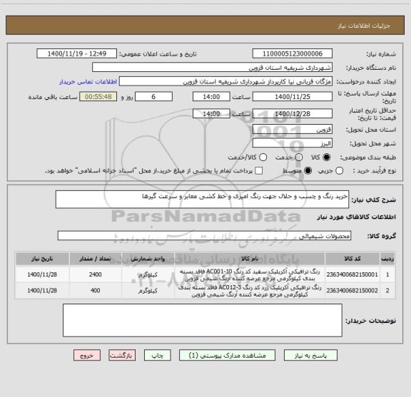 استعلام خرید رنگ و چسب و حلال جهت رنگ امیزی و خط کشی معابر و سرعت گیرها 