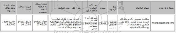 مناقصه عمومی یک مرحله ای احداث مخزن هوایی 150 متر مکعبی و خط انتقال آب روستای یکله قهاوند