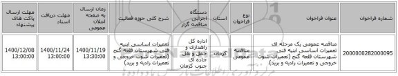 مناقصه عمومی یک مرحله ای تعمیرات اساسی ابنیه فنی شهرستان قلعه گنج (تعمیرات شوت خروجی و تعمیرات رادیه و برید)