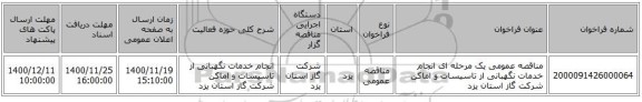 مناقصه عمومی یک مرحله ای انجام خدمات نگهبانی از تاسیسات و اماکن شرکت گاز استان یزد