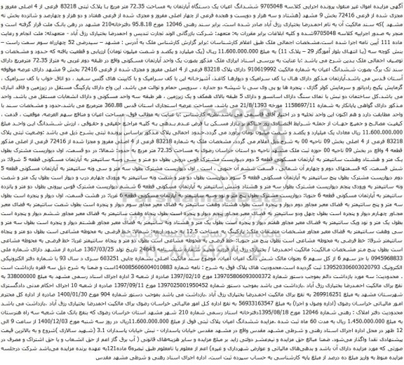 آگهی مزایده ششدانگ اعیان یک دستگاه آپارتمان به مساحت 72.35 متر مربع با پلاک ثبتی 83218 فرعی