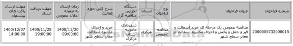 مناقصه عمومی یک مرحله ای خرید آسفالت و قیر و حمل و پخش و اجرای مکانیزه آسفالت در معابر سطح شهر