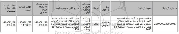 مناقصه عمومی یک مرحله ای خرید کلمپ های آب بندی و کلمپ های انشعاب گیر مورد استفاده در شبکه های آب و فاضلاب بشماره مناقصه 65-1400