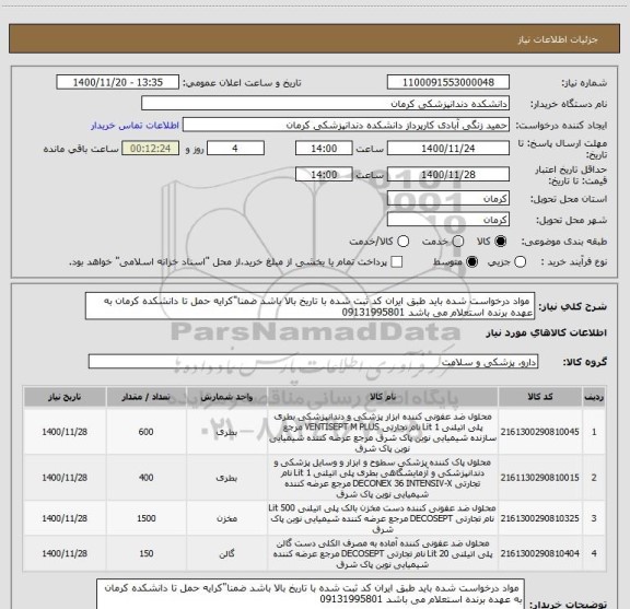 استعلام  مواد درخواست شده باید طبق ایران کد ثبت شده با تاریخ بالا باشد ضمنا"کرایه حمل تا دانشکده کرمان به عهده برنده استعلام می باشد 09131995801