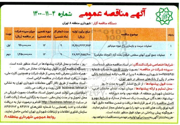 مناقصه عملیات مرمت و بازسای باغ موزه مینیاتور و..