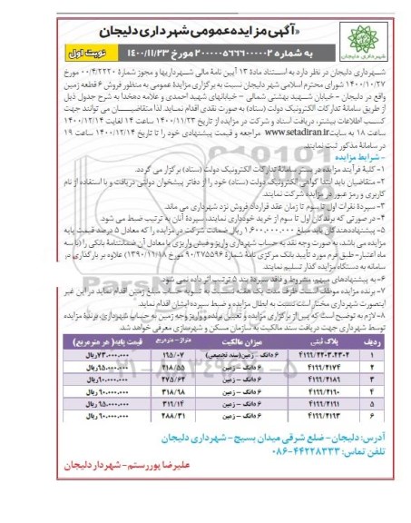 مزایده فروش 6 قطعه زمین 