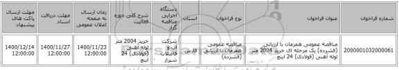 مناقصه عمومی همزمان با ارزیابی (فشرده) یک مرحله ای خرید 2004 متر لوله آهنی (فولادی) 24 اینچ