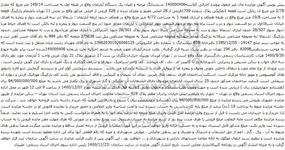 آگهی مزایده ششدانگ عرصه و اعیان یک دستگاه آپارتمان واقع در طبقه اول به مساحت 149/14 متر مربع 