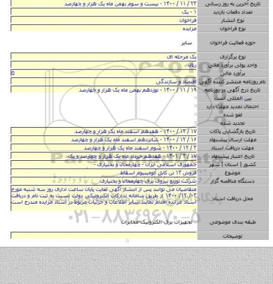 فروش ۱۳ تن کابل آلومینیوم اسقاط