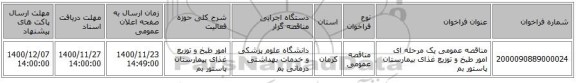 مناقصه عمومی یک مرحله ای امور طبخ و توزیع غذای بیمارستان پاستور بم