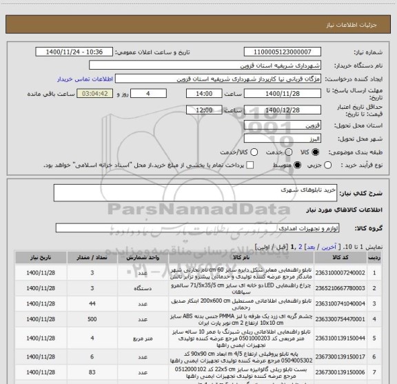 استعلام خرید تابلوهای شهری 