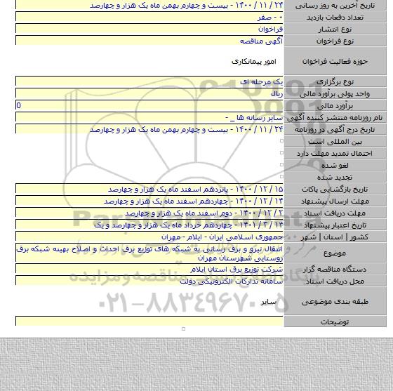 انتقال نیرو و برق رسانی به شبکه های توزیع برق احداث و اصلاح بهینه شبکه برق روستایی شهرستان مهران