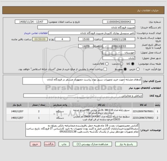 استعلام کدهای مشابه جهت خرید تجهیزات سرور نهاد ریاست جمهوری مستقر در فرودگاه آبادان