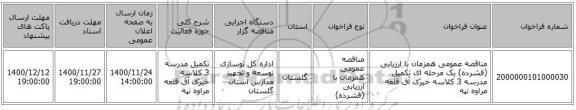 مناقصه عمومی همزمان با ارزیابی (فشرده) یک مرحله ای تکمیل مدرسه 3 کلاسه خیرّی آق قلعه مراوه تپه 