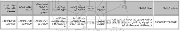 مناقصه عمومی یک مرحله ای تأمین کلیه مصالح و اجرای کامل عملیات آسفالت تعدادی از روستاهای شهرستان ابرکوه 