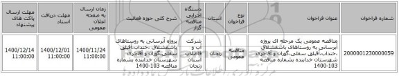 مناقصه عمومی یک مرحله ای پروژه آبرسانی به روستاهای باشقشلاق ،خنداب،آقبلق سفلی،گوران و آقاجری شهرستان خدابنده بشماره مناقصه 103-1400