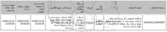 مناقصه عمومی یک مرحله ای  ارائه خدمات حریم بانی از خطوط انتقال وفوق توزیع شرکت برق منطقه ای باختر در حوزه استان لرستان 